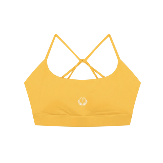 The front of a yellow Multi-Strap Sports Bra