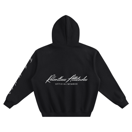 The back of the black and white Official Member Hoodie
